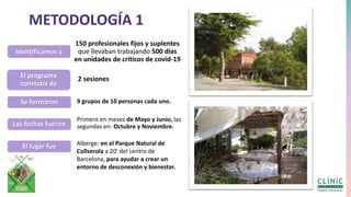 METODOLOGÍA 1
Identificamos a
El programa
constaba de
150 profesionales fijos y suplentes
que llevaban trabajando 500 días
en unidades de críticos de covid-19
2 sesiones
Se formaron 9 grupos de 10 personas cada uno.
Las fechas fueron
Primero en meses de Mayo y Junio, las
segundas en: Octubre y Noviembre.
El lugar fue Alberge: en el Parque Natural de
Collserola a 20’ del centro de
Barcelona, para ayudar a crear un
entorno de desconexión y bienestar.
 