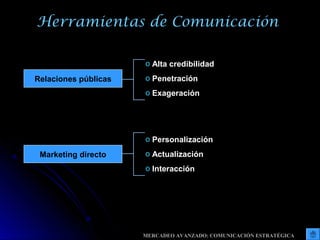 Herramientas de Comunicación
Relaciones públicas
o Alta credibilidad
o Penetración
o Exageración
Marketing directo
o Personalización
o Actualización
o Interacción
MERCADEO AVANZADO: COMUNICACIÓN ESTRATÉGICA
 