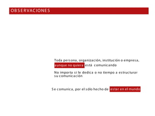 O B S E R VAC IO N E S




                          Toda pers ona , orga niza c ión, ins tituc ión o empres a ,
                          a unque no quiera, es tá c omunic a ndo

                          N o impor ta s i le dedic a o no tiempo a es truc tura r
                          s u c omunic a c ión


                         S e c omunic a , por el s ólo hec ho de es ta r en el mundo
 