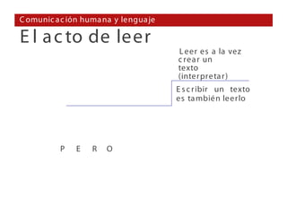 C omunic a c ión huma na y lengua je

E l a c to de leer
                                       L eer es a la vez
                                       c rea r un
                                       texto
                                       (interpreta r )
                                       E s c r ibir un texto
                                       es ta mbién leerlo




          P    E   R   O
 