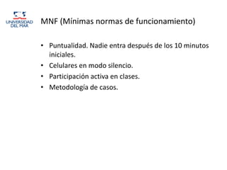 MNF (Mínimas normas de funcionamiento)

• Puntualidad. Nadie entra después de los 10 minutos
  iniciales.
• Celulares en modo silencio.
• Participación activa en clases.
• Metodología de casos.
 