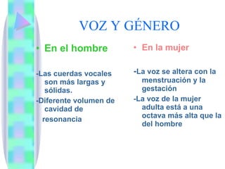 VOZ Y GÉNERO En el hombre -Las cuerdas vocales son más largas y sólidas. -Diferente volumen de cavidad de  resonancia En la mujer - La voz se altera con la menstruación y la gestación -La voz de la mujer adulta está a una octava más alta que la del hombre 