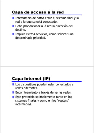 3URWRFRORV 
z 6HXWLOL]DQSDUDODFRPXQLFDFLyQHQWUHHQWLGDGHV 
GHVLVWHPDVGLIHUHQWHV 
z 6HUHTXLHUHTXH³KDEOHQHOPLVPRLGLRPD´ 
z (QWLGDGHV 
y $SOLFDFLRQHVSDUDXVXDULRV 
y RUUHRHOHFWUyQLFR 
y 7HUPLQDOHV 
z 6LVWHPDV 
y RPSXWDGRU 
y 7HUPLQDO 
y 6HQVRUUHPRWR 
3XQWRVFODYHGHXQSURWRFROR 
z 6LQWD[LV 
y )RUPDWRGHORVGDWRV 
y 1LYHOHVGHVHxDO 
z 6HPiQWLFD 
y ,QIRUPDFLyQGHFRQWURO 
y 0DQHMRGHHUURUHV 
z 7HPSRUL]DFLyQ 
y 6LQWRQL]DFLyQGHYHORFLGDGHV 
y 6HFXHQFLDFLyQ 
 