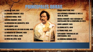 PRINCIPALES OBRAS
• LA PIEL DE ZAPA, 1831
• EL CORONEL CHABERT, 1832
• EL MÉDICO RURAL, 1833
• EUGENIA GRANDET, 1834
• LA BÚSQUEDA DEL ABSOLUTO, 1834
• PAPÁ GORIOT, 1834
• LA MUCHACHA DE LOS OJOS DE ORO, 1835
• LA DUQUESA DE LANGEAIS, 1836
• EL LIRIO EN EL VALLE, 1836
• LA MISA DEL ATEO, 1836
• CESAR BIROTTEAU, 1837
• LAS ILUSIONES PERDIDAS (I, 1837; II,
1839; III, 1843)
• URSULE MIROUËT, 1842 (EDITADO EN
CASTELLANO POR LA COMPAÑÍA EN 2011)
• LOUIS LAMBERT, 1845
• LA PRIMA BETTE, 1846
• EL PRIMO PONS, 1847
• ESPLENDOR Y MISERIA DE LAS
CORTESANAS, 1847
• LA COMEDIA HUMANA,1845
 