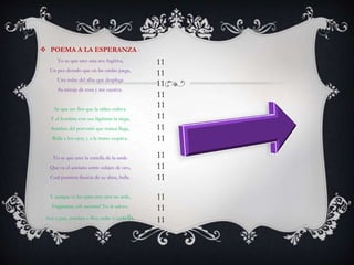 POEMA A LA ESPERANZA -
Yo se que eres una ave fugitiva,
Un pez dorado que en las ondas juega,
Una nube del alba que desplega
Su miraje de rosa y me cautiva.
Se que res flor que la niñez cultiva
Y el hombre con sus lágrimas la riega,
Sombra del porvenir que nunca llega,
Bella a los ojos, y a la mano esquiva.
Yo se que eres la estrella de la tarde
Que ve el anciano entre celajes de oro,
Cual postrera ilusión de su alma, bella.
Y aunque tu luz para mis ojos no arde,
Engáñame ¡oh mentira! Yo te adoro,
Ave o pez, sombra o flor, nube o estrella.
11
11
11
11
11
11
11
11
11
11
11
11
11
11
 