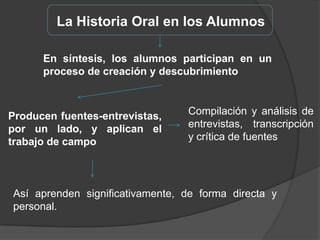 Historia OralTambién puede entenderse como sinónimo de la tradición oral, al registro del pasado confiado a la memoria y la transmisión oral entre las generaciones, como son los mitos y leyendas. 