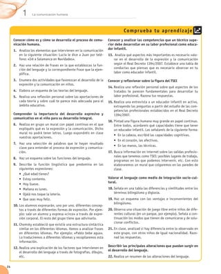 1      La comunicación humana




                                                                                  Compr ueba t u aprend iz aje
     Conocer cómo es y cómo se desarrolla el proceso de comu-           Conocer y analizar las competencias que un técnico supe-
     nicación humana.                                                   rior debe desarrollar en su labor profesional como educa-
                                                                        dor infantil.
     1.	 Analiza los elementos que intervienen en la comunicación
         en la siguiente situación: Lucía le dice a Juan por telé-      13.	 Analiza qué aspectos más importantes es necesario valo-
         fono: «Iré a Salamanca en Navidades».                              rar en el desarrollo de la expresión y la comunicación
     2.	 Haz una relación de frases en la que establezcas la fun-           según el Real Decreto 1394/2007. Establece una tabla de
         ción del lenguaje y la correspondiente frase que la ejem-          conductas que piensas que es necesario observar en tu
         plifica.                                                           labor como educador infantil.

     3.	 Enumera dos actividades que favorezcan el desarrollo de la     Conocer y reflexionar sobre la figura del TSEI
         expresión y la comunicación en niños.
                                                                        14.	Realiza una reflexión personal sobre qué aspectos de los
     4.	 Elabora un esquema de las teorías del lenguaje.                    tratados te parecen fundamentales para desarrollar tu
     5.	 Realiza una reflexión personal sobre las aportaciones de           labor profesional. Razona tus respuestas.
         cada teoría y sobre cuál te parece más adecuada para el        15.	Realiza una entrevista a un educador infantil en activo,
         ámbito educativo.                                                  extrayendo las preguntas a partir del estudio de las com-
                                                                            petencias profesionales establecidos en el Real Decreto
     Comprender la importancia del desarrollo expresivo y                   1394/2007.
     comunicativo en el niño para su desarrollo integral.
                                                                        16.	Pintad una figura humana muy grande en papel continuo.
     6.	 Realiza en grupo un mural con papel continuo en el que             Entre todos, acordareis qué capacidades tiene que tener
         expliquéis qué es la expresión y la comunicación. Dicho            un educador infantil. Las señalareis de la siguiente forma:
         mural no podrá tener letras. Luego expondréis en clase
                                                                            •	 En la cabeza, escribid las capacidades cognitivas.
         vuestras aportaciones.
                                                                            •	 En el corazón, las afectivas.
     7.	 Haz una selección de palabras que te hayan resultado
                                                                            •	 En las manos, las técnicas.
         clave para entender el proceso de expresión y comunica-
         ción.                                                          17.	Busca información en internet sobre las salidas profesio-
                                                                            nales que tenemos como TSEI: posibles lugares de trabajo,
     8.	 Haz un esquema sobre las funciones del lenguaje.
                                                                            programas en los que podemos intervenir, etc. Con esto
     9.	 Describe la función lingüística que predomina en las               elaboraremos un mural que colgaremos en las paredes de
         siguientes expresiones:                                            clase.
         •	 ¿Qué edad tienes?
         •	 Estoy contento.                                             Valorar el lenguaje como medio de integración socio-cul-
                                                                        tural.
         •	 Hoy llueve.
         •	 Mañana es lunes.                                            18.	Señala en una tabla las diferencias y similitudes entre los
         •	 Ojalá nos toque la lotería.                                     términos bilingüismo y diglosia.
         •	 Que seas muy feliz.                                         19.	Haz un esquema con las ventajas e inconvenientes del
                                                                            bilingüismo.
     10.	Los alumnos expresarán, uno por uno, diferentes concep-
         tos a través de diferentes formas de expresión. Por ejem-      20.	Observa una situación de juego libre entre niños de dife-
         plo: sale un alumno y expresa «circo» a través de expre-           rentes culturas (en un parque, por ejemplo). Señala a con-
         sión corporal. El resto del grupo tiene que adivinarlo.            tinuación los modos que tienen de comunicarse y de solu-
                                                                            cionar conflictos.
     11.	Chomsky estableció que existía una estructura sintáctica
         similar en los diferentes idiomas. Vamos a analizar frases     21.	En clase, analizad si hay diferencia entre lo observado en
         en diferentes idiomas. Por ejemplo: «Pablo bebe agua».             este grupo, con otros niños de igual nacionalidad. Razo-
         Lo traduciremos a diferentes idiomas y recopilaremos esta          nad las respuestas.
         información.
                                                                        Describir las principales alteraciones que puedan surgir en
     12.	Realiza una explicación de los factores que intervienen en
                                                                        el desarrollo del lenguaje.
         el desarrollo del lenguaje a través de fotografías, dibujos,
         etc.                                                           22.	Realiza un resumen de las alteraciones del lenguaje.

24
 