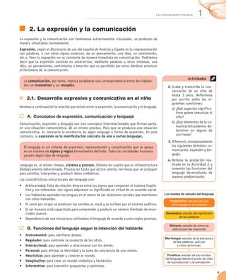 La comunicación humana       1
        2.	La expresión y la comunicación
La expresión y la comunicación son fenómenos estrechamente vinculados, se producen de
manera simultánea normalmente.
Expresión, según el Diccionario de uso del español de América y España es la «representación
con palabras, o con otros signos externos, de un pensamiento, una idea, un sentimiento,
etc.». Pero la expresión no se convierte de manera inmediata en comunicación. Podríamos
decir que la expresión consiste en exteriorizar, mediante palabras u otros sistemas, una
idea, un pensamiento, sentimiento o emoción que es percibido por otros dándose entonces
el fenómeno de la comunicación.

                                                                                                                     Actividades
     La comunicación, por tanto, implica establecer una correspondencia entre dos hablan-
     tes: un transmisor y un receptor.                                                                2.	Graba y transcribe la con-
                                                                                                         versación de un niño de
                                                                                                         hasta 3 años. Reflexiona
      2.1.	Desarrollo expresivo y comunicativo en el niño                                                por escrito sobre las si-
                                                                                                         guientes cuestiones:
Veremos a continuación la relación que existe entre la expresión, la comunicación y el lenguaje.         a)	¿Qué aspectos significa-
                                                                                                            tivos quiere comunicar el
       A.	 Conceptos de expresión, comunicación y lenguaje                                                  niño?
Comunicación, expresión y lenguaje son tres conceptos interrelacionados que forman parte,                b)	¿Qué elementos de la co-	
en una situación comunicativa, de un mismo proceso. Para que se produzca una situación                      municación podemos de-
comunicativa, es necesaria la existencia de algún lenguaje o forma de expresión. En este                    terminar en alguna de
contexto, la expresión es la manifestación concreta de uno o varios lenguajes.                              sus frases?
                                                                                                      3.	Diferencia conceptualmente
     El lenguaje es un sistema de expresión, representación y comunicación que se apoya                  los siguientes términos: co-	
     en un sistema de signos y reglas formalmente definido. Todas las sociedades humanas                 municación, expresión y len-	
     poseen algún tipo de lenguaje.                                                                      guaje.
                                                                                                      4.	Retoma la grabación rea-
Lenguaje es, al mismo tiempo, sistema y proceso. Sistema en cuanto que es infraestructura                lizada en la Actividad 2 y
biológicamente determinada. Proceso en tanto que activa centros nerviosos que se conjugan                comenta las funciones del
para asimilar, interpretar y producir datos simbólicos.                                                  lenguaje desarrolladas de
                                                                                                         manera predominante.
Las características estructurales del lenguaje son:
•	 Arbitrariedad: falta de relación directa entre los signos que componen el sistema lingüís-
   tico y sus referentes. Los signos adquieren su significado en virtud de un acuerdo social.
•	 Los hablantes aprenden las lenguas en el marco de las relaciones sociales que mantienen         Los niveles de estudio del lenguaje
   con otros hablantes.                                                                                Pragmática: estudio del uso
•	 El canal por el que se producen los sonidos es vocal y se reciben por el sistema auditivo.           del lenguaje en el contexto
•	 El ser humano está capacitado para comprender y producir un número ilimitado de enun-
   ciados nuevos.                                                                                   Semántica: estudio del significado
                                                                                                            de las palabras
•	 Dependencia de una estructura: utilizamos el lenguaje de acuerdo a unas reglas precisas.
                                                                                                       Sintaxis: estudio de cómo se
       B.	 Funciones del lenguaje segun la intención del hablante                                        estructuran las oraciones

•	    Instrumental: para satisfacer deseos.
                                                                                                    Morfología: estudio de la estructura
•	    Regulador: para controlar la conducta de los otros.                                                de las palabras, qué son
•	    Interaccional: para aprender a relacionarse con los demás.                                            y cómo se forman.
•	    Personal: para afirmar la identidad y la toma de conciencia de uno mismo.
•	    Heurístico: para aprender y conocer el mundo.                                                  Fonética: estudio de los sonidos
                                                                                                    del lenguaje desde el punto de vista
•	    Imaginativo: para crear un mundo simbólico y fantástico.                                       de la producción y la percepción.
•	    Informativo: para transmitir propuestas y opiniones.
                                                                                                                                           9
 