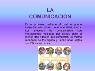LA
COMUNICACION
Es el proceso mediante el cual se puede
transmitir información de una entidad a otra.
Los
procesos
de
comunicación
son
interacciones mediadas por signos entre al
menos dos agentes que comparten un mismo
repertorio de los signos y tienen unas reglas
semióticas comunes.

 