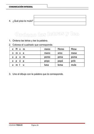 COMUNICACIÓN INTEGRAL

4. ¿Qué pisa la mula?

1. Ordena las letras y lee la palabra.
2. Colorea el cuadrado que corresponde.

3. Une el dibujo con la palabra que le corresponde.

COLEGIO TRILCE

Página 26

 