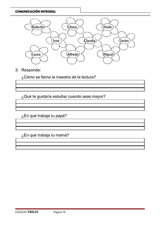 COMUNICACIÓN INTEGRAL

3. Responde:
¿Cómo se llama la maestra de la lectura?

¿Qué te gustaría estudiar cuando seas mayor?

¿En qué trabaja tu papá?

¿En qué trabaja tu mamá?

COLEGIO TRILCE

Página 74

 