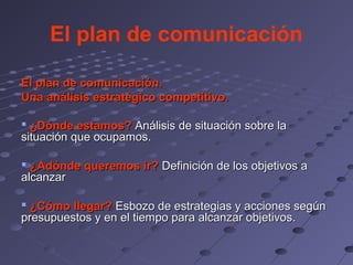 El plan de comunicación

El plan de comunicación.
Una análisis estratégico competitivo.

 ¿Dónde estamos? Análisis de situación sobre la
situación que ocupamos.

 ¿Adónde queremos ir? Definición de los objetivos a
alcanzar

 ¿Cómo llegar? Esbozo de estrategias y acciones según
presupuestos y en el tiempo para alcanzar objetivos.
 