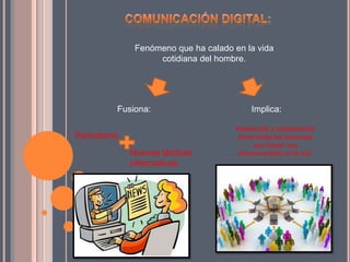 Fenómeno que ha calado en la vida
cotidiana del hombre.
Fusiona: Implica:
Periodismo
Nuevas tácticas
informativas.
Interacción y colaboración
entre todas las personas
que hacen uso
interconectado en la red.
 
