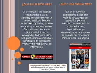 Es un conjunto de páginas
relacionadas entre sí
alojadas generalmente en un
mismo servidor. Pueden
incluir texto, gráficos, ficheros
de audio y vídeo, entre otros.
Cada sitio web tiene una
página de inicio en un
navegador. Todos los sitios
web públicamente accesibles
constituyen la gigantesca
World Wide Web (www) de
información.
Es un documento
componente de un sitio
web de la www que se
especifica por una
dirección única o URL. Es
multimedia, con
hiperenlaces y
visualmente se muestra en
la pantalla del ordenador
como si fuera una página.
una página web pertenece a un sitio web. Un sitio
web se compone de una o más páginas web, es
un conjunto de ellas
 