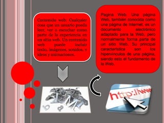 Contenido web: Cualquier
cosa que un usuario pueda
leer, ver o escuchar como
parte de la experiencia en
un sitio web. Un contenido
web
puede
incluir
texto, imágenes, sonidos, v
ideos y animaciones.

Pagina Web: Una página
Web, también conocida como
una página de Internet, es un
documento
electrónico
adaptado para la Web, pero
normalmente forma parte de
un sitio Web. Su principal
característica
son
los
hipervínculos de una página,
siendo esto el fundamento de
la Web.

 
