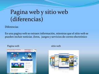 Pagina web y sitio web
(diferencias)
Diferencias
En una pagina web se extraen información, mientras que el sitio web se
pueden incluir noticias ,foros, juegos y servicios de correo electrónico
Pagina web sitio web
 