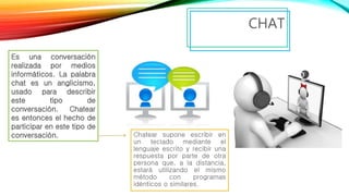 Chatear supone escribir en
un teclado mediante el
lenguaje escrito y recibir una
respuesta por parte de otra
persona que, a la distancia,
estará utilizando el mismo
método con programas
idénticos o similares.
CHAT
Es una conversación
realizada por medios
informáticos. La palabra
chat es un anglicismo,
usado para describir
este tipo de
conversación. Chatear
es entonces el hecho de
participar en este tipo de
conversación.
 