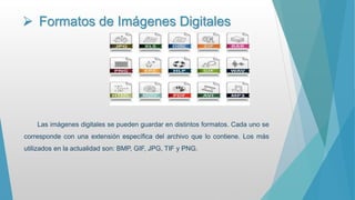  Formatos de Imágenes Digitales
Las imágenes digitales se pueden guardar en distintos formatos. Cada uno se
corresponde con una extensión específica del archivo que lo contiene. Los más
utilizados en la actualidad son: BMP, GIF, JPG, TIF y PNG.
 