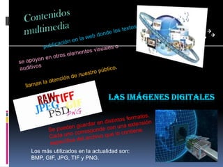 Los más utilizados en la actualidad son:
BMP, GIF, JPG, TIF y PNG.
 