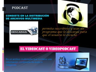 podcast
permita suscribirse y usar un
programa que lo descarga para
que el usuario lo escuche
El Videocast o Videopodcast
Es un archivo multimedia que contiene una
información combinada de audio e
imágenes.
 