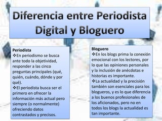 Periodista
En periodismo se busca
ante todo la objetividad,
responder a las cinco
preguntas principales (qué,
quién, cuándo, dónde y por
qué).
El periodista busca ser el
primero en ofrecer la
información más actual pero
siempre (o normalmente)
ofreciendo datos
contrastados y precisos.
Bloguero
En los blogs prima la conexión
emocional con los lectores, por
lo que las opiniones personales
y la inclusión de anécdotas e
historias es importante.
La actualidad y la precisión
también son esenciales para los
blogueros, y es lo que diferencia
a los buenos profesionales de
los aficionados, pero no en
todos los blogs la actualidad es
tan importante.
 