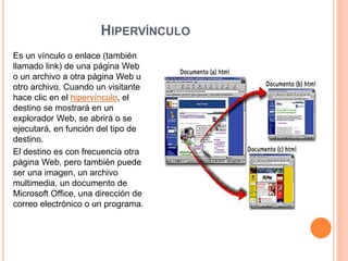 HIPERVÍNCULO 
Es un vínculo o enlace (también 
llamado link) de una página Web 
o un archivo a otra página Web u 
otro archivo. Cuando un visitante 
hace clic en el hipervínculo, el 
destino se mostrará en un 
explorador Web, se abrirá o se 
ejecutará, en función del tipo de 
destino. 
El destino es con frecuencia otra 
página Web, pero también puede 
ser una imagen, un archivo 
multimedia, un documento de 
Microsoft Office, una dirección de 
correo electrónico o un programa. 
 