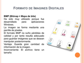 FORMATO DE IMAGINES DIGITALES 
BMP (Bitmap = Mapa de bits) 
Ha sido muy utilizado porque fue 
desarrollado para aplicaciones 
Windows. 
La imagen se forma mediante una 
parrilla de píxeles. 
El formato BMP no sufre pérdidas de 
calidad y por tanto resulta adecuado 
para guardar imágenes que se desean 
manipular posteriormente. 
Ventaja: Guarda gran cantidad de 
información de la imagen. 
Inconveniente: El archivo tiene un 
tamaño 
 