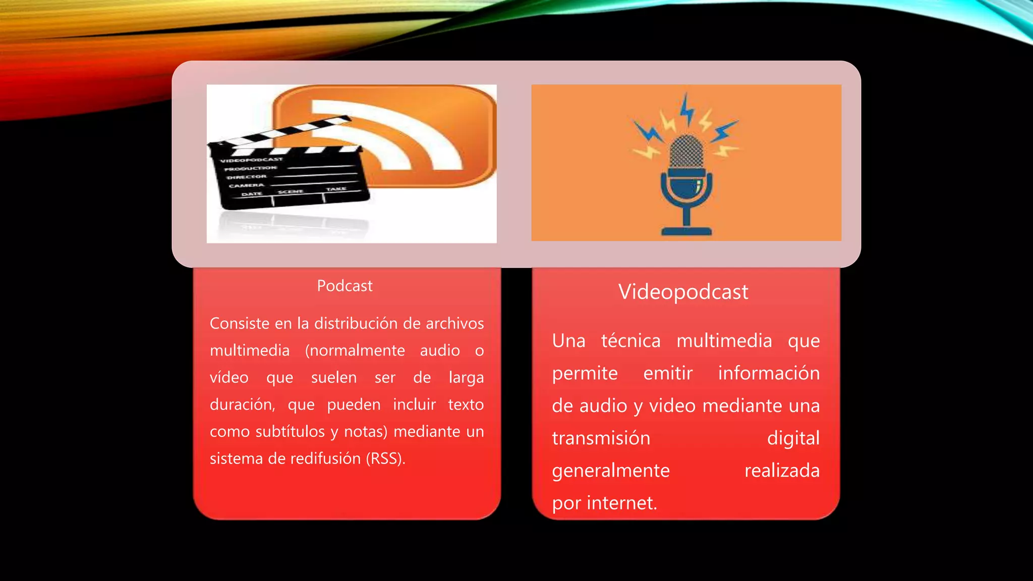 Podcast
Consiste en la distribución de archivos
multimedia (normalmente audio o
vídeo que suelen ser de larga
duración, que pueden incluir texto
como subtítulos y notas) mediante un
sistema de redifusión (RSS).
Videopodcast
Una técnica multimedia que
permite emitir información
de audio y video mediante una
transmisión digital
generalmente realizada
por internet.
 