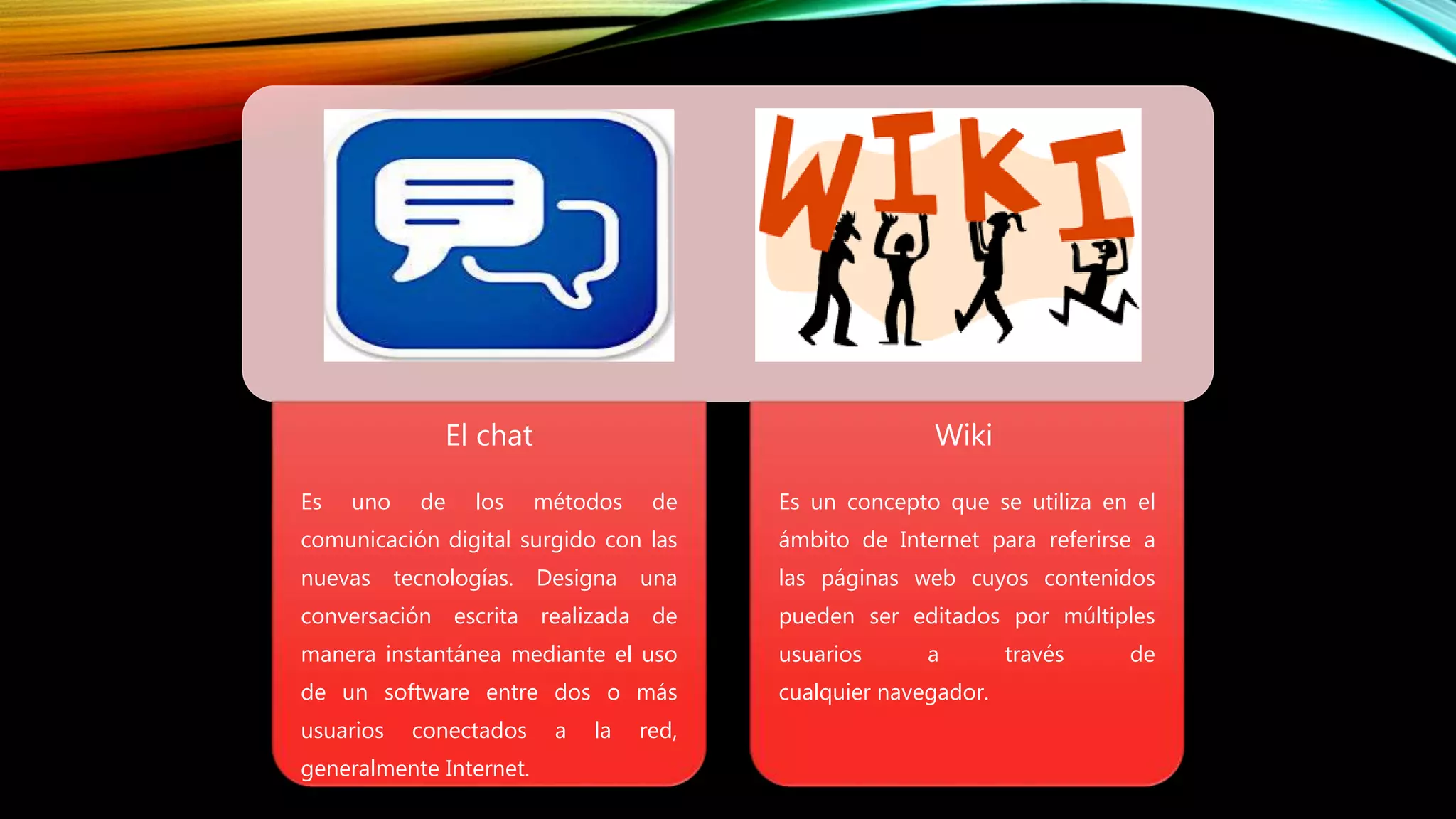 El chat
Es uno de los métodos de
comunicación digital surgido con las
nuevas tecnologías. Designa una
conversación escrita realizada de
manera instantánea mediante el uso
de un software entre dos o más
usuarios conectados a la red,
generalmente Internet.
Wiki
Es un concepto que se utiliza en el
ámbito de Internet para referirse a
las páginas web cuyos contenidos
pueden ser editados por múltiples
usuarios a través de
cualquier navegador.
 