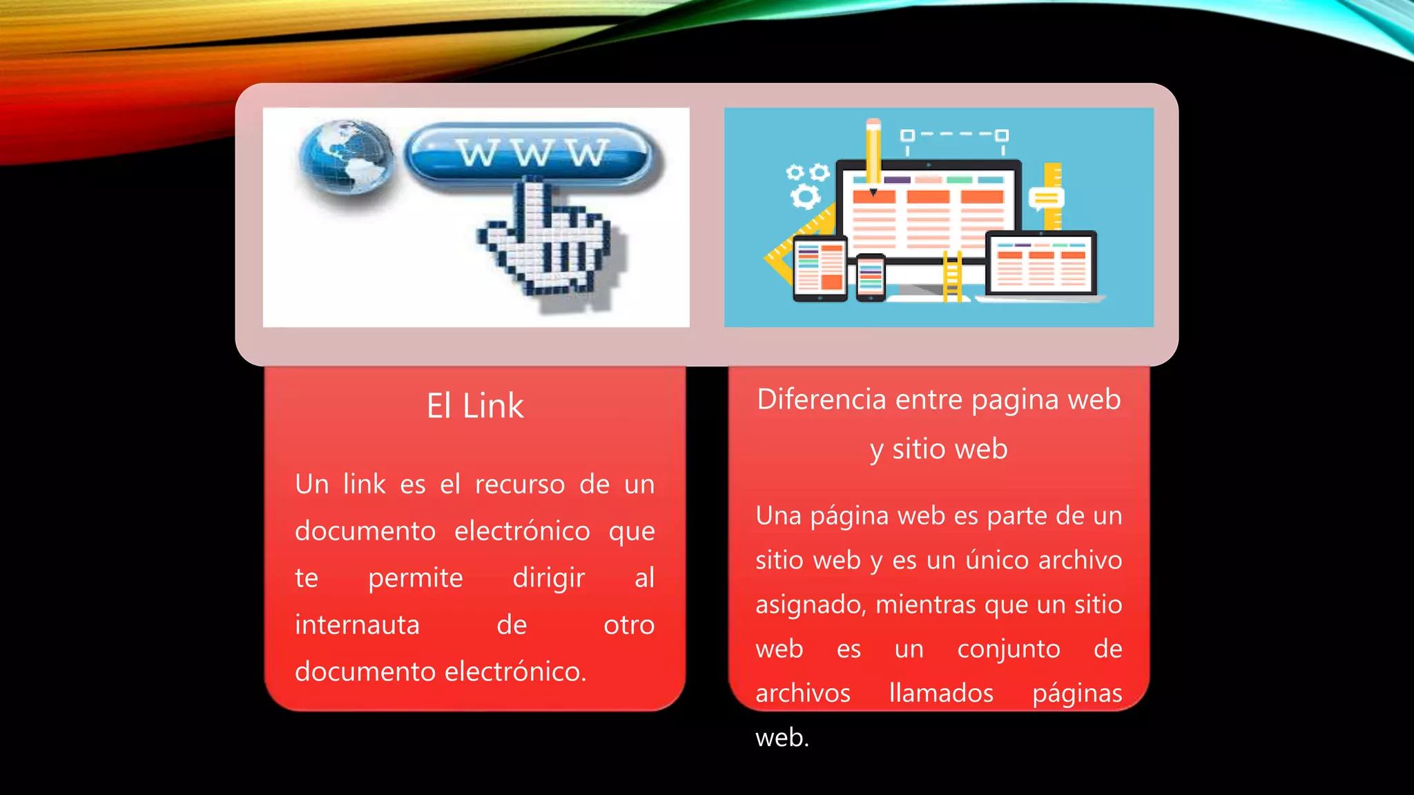 El Link
Un link es el recurso de un
documento electrónico que
te permite dirigir al
internauta de otro
documento electrónico.
Diferencia entre pagina web
y sitio web
Una página web es parte de un
sitio web y es un único archivo
asignado, mientras que un sitio
web es un conjunto de
archivos llamados páginas
web.
 