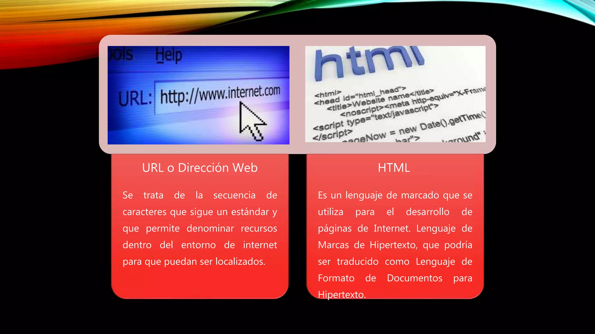 URL o Dirección Web
Se trata de la secuencia de
caracteres que sigue un estándar y
que permite denominar recursos
dentro del entorno de internet
para que puedan ser localizados.
HTML
Es un lenguaje de marcado que se
utiliza para el desarrollo de
páginas de Internet. Lenguaje de
Marcas de Hipertexto, que podría
ser traducido como Lenguaje de
Formato de Documentos para
Hipertexto.
 