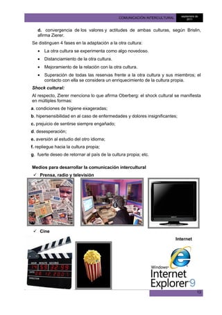septiembre de
                                              COMUNICACIÓN INTERCULTURAL          2011



   d. convergencia de los valores y actitudes de ambas culturas, según Brislin,
   afirma Zierer.
Se distinguen 4 fases en la adaptación a la otra cultura:
   •   La otra cultura se experimenta como algo novedoso.
   •   Distanciamiento de la otra cultura.
   •   Mejoramiento de la relación con la otra cultura.
   •   Superación de todas las reservas frente a la otra cultura y sus miembros; el
       contacto con ella se considera un enriquecimiento de la cultura propia.
Shock cultural:
Al respecto, Zierer menciona lo que afirma Oberberg: el shock cultural se manifiesta
en múltiples formas:
a. condiciones de higiene exageradas;
b. hipersensibilidad en al caso de enfermedades y dolores insignificantes;
c. prejuicio de sentirse siempre engañado;
d. desesperación;
e. aversión al estudio del otro idioma;
f. repliegue hacia la cultura propia;
g. fuerte deseo de retornar al país de la cultura propia; etc.

Medios para desarrollar la comunicación intercultural
  Prensa, radio y televisión




  Cine
                                                                           Internet




                                                                                         13
 