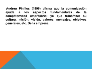 Andreu Pinillos (1996) afirma que la comunicación 
ayuda a los aspectos fundamentales de la 
competitividad empresarial ya que transmite: su 
cultura, misión, visión, valores, mensajes, objetivos 
generales, etc. De la empresa 
 