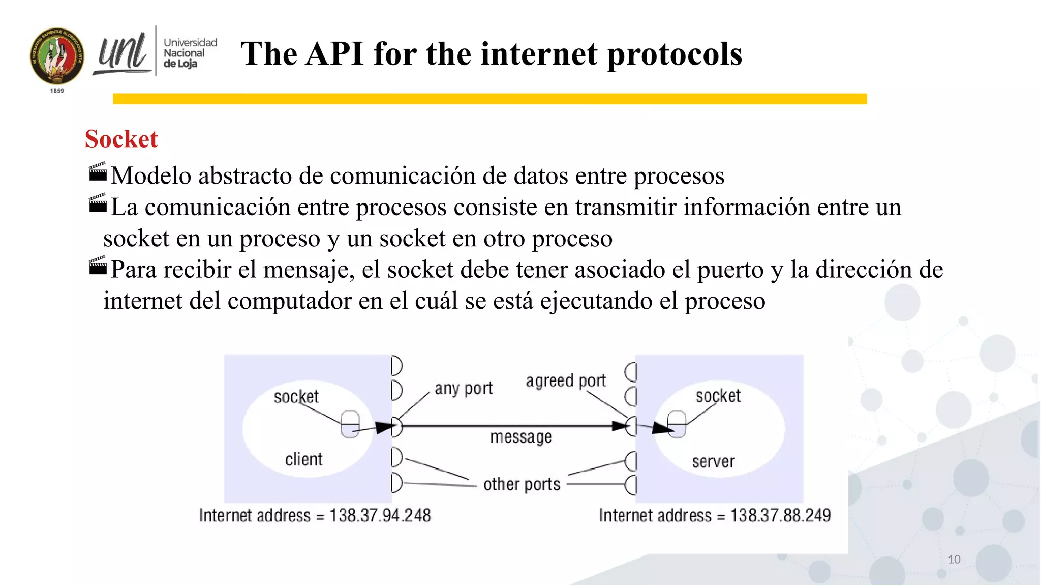 10
The API for the internet protocols
Modelo abstracto de comunicación de datos entre procesos
La comunicación entre procesos consiste en transmitir información entre un
socket en un proceso y un socket en otro proceso
Para recibir el mensaje, el socket debe tener asociado el puerto y la dirección de
internet del computador en el cuál se está ejecutando el proceso
Socket
 