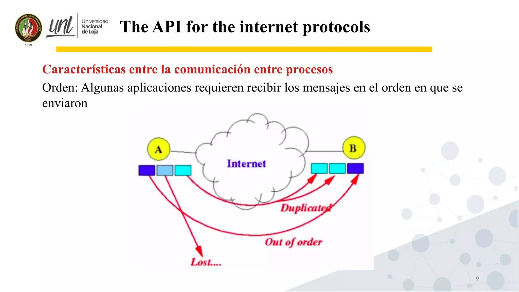 9
The API for the internet protocols
Orden: Algunas aplicaciones requieren recibir los mensajes en el orden en que se
enviaron
Características entre la comunicación entre procesos
 