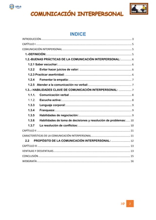 COMUNICACIÓN INTERPERSONAL
2
INDICE
INTRODUCCIÓN............................................................................................................................. 3
CAPÍTULO I .................................................................................................................................... 5
COMUNICACIÓN INTERPERSONAL................................................................................................ 5
1.-DEFINICIÓN:...................................................................................................................... 5
1.2.-BUENAS PRÁCTICAS DE LA COMUNICACIÓN INTERPERSONAL:............... 6
1.2.1 Saber escuchar:...................................................................................................... 6
1.2.2 Evitar hacer juicios de valor: ........................................................................ 6
1.2.3 Practicar asertividad: ............................................................................................ 6
1.2.4 Fomentar la empatía:....................................................................................... 7
1.2.5 Atender a la comunicación no verbal:............................................................ 7
1.3..- HABILIDADES CLAVE DE COMUNICACIÓN INTERPERSONAL: .................. 7
1.1.1. Comunicación verbal ...................................................................................... 8
1.1.2. Escucha activa:................................................................................................. 8
1.3.3 Lenguaje corporal:........................................................................................... 9
1.3.4 Franqueza:.......................................................................................................... 9
1.3.5 Habilidades de negociación:......................................................................... 9
1.3.6 Habilidades de toma de decisiones y resolución de problemas:...... 10
1.3.7 La resolución de conflictos:........................................................................ 10
CAPÍTULO II ................................................................................................................................. 11
CARACTERÍSTICAS DE LA COMUNICACIÓN INTERPERSONAL...................................................... 11
2.2 PROPÓSITO DE LA COMUNICACIÓN INTERPERSONAL: .......................... 12
CAPÍTULO III ................................................................................................................................ 13
VENTAJAS Y DESVENTAJAS.......................................................................................................... 13
CONCLUSIÓN............................................................................................................................... 15
WEBGRAFÍA................................................................................................................................. 16
 