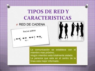 TIPOS DE RED Y
CARACTERISTICAS
O RED DE CADENA
La comunicación se establece con el
miembro mas próximo.
ningún miembro esta totalmente aislado.
La persona que esta en el centro de la
línea esta mejor informado.
 