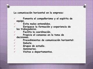 La comunicación horizontal en la empresa:
 Fomenta el compañerismo y el espíritu de
equipo.
 Evita malos entendidos.
 Enriquece la formación y experiencia de
los trabajadores.
 Facilita la coordinación.
 Propicia el consenso en la toma de
decisiones.
 Procedimientos de comunicación horizontal:
 Debate.
 Grupos de estudio.
 Seminarios.
 Visitas a departamentos.
 