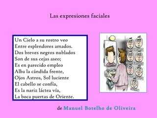 Las expresiones faciales 
Un Cielo a su rostro veo 
Entre esplendores amados. 
Dos breves negros nublados 
Son de sus cejas aseo; 
Es en parecido empleo 
Alba la cándida frente, 
Ojos Astros, Sol luciente 
El cabello se confía, 
Es la nariz láctea vía, 
La boca puertas de Oriente. 
de Manuel Botelho de Oliveira 
 