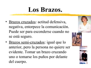 Los Brazos.
• Brazos cruzados: actitud defensiva,
negativa, entorpece la comunicación.
Puede ser para esconderse cuando no
se está seguro.
• Brazos semi-cruzados: igual que lo
anterior, pero la persona no quiere ser
evidente. Tomar un brazo cruzando
uno o tomarse los puños por delante
del cuerpo.
 