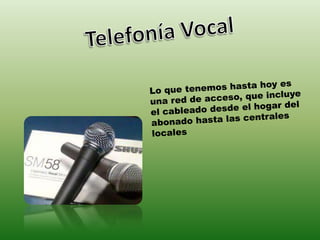 Telefonía VocalLo que tenemos hasta hoy es una red de acceso, que incluye el cableado desde el hogar del abonado hasta las centrales locales
