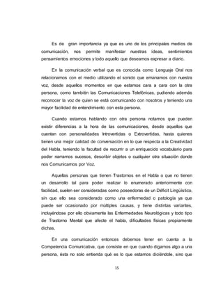 15
Es de gran importancia ya que es uno de los principales medios de
comunicación, nos permite manifestar nuestras ideas, sentimientos
pensamientos emociones y todo aquello que deseamos expresar a diario.
En la comunicación verbal que es conocida como Lenguaje Oral nos
relacionamos con el medio utilizando el sonido que emanamos con nuestra
voz, desde aquellos momentos en que estamos cara a cara con la otra
persona, como también las Comunicaciones Telefónicas, pudiendo además
reconocer la voz de quien se está comunicando con nosotros y teniendo una
mayor facilidad de entendimiento con esta persona.
Cuando estamos hablando con otra persona notamos que pueden
existir diferencias a la hora de las comunicaciones, desde aquellos que
cuentan con personalidades Introvertidas o Extrovertidas, hasta quienes
tienen una mejor calidad de conversación en lo que respecta a la Creatividad
del Habla, teniendo la facultad de recurrir a un enriquecido vocabulario para
poder narrarnos sucesos, describir objetos o cualquier otra situación donde
nos Comunicamos por Voz.
Aquellas personas que tienen Trastornos en el Habla o que no tienen
un desarrollo tal para poder realizar lo enumerado anteriormente con
facilidad, suelen ser consideradas como poseedoras de un Déficit Lingüístico,
sin que ello sea considerado como una enfermedad o patología ya que
puede ser ocasionado por múltiples causas, y tiene distintas variantes,
incluyéndose por ello obviamente las Enfermedades Neurológicas y todo tipo
de Trastorno Mental que afecte el habla, dificultades físicas propiamente
dichas.
En una comunicación entonces debemos tener en cuenta a la
Competencia Comunicativa, que consiste en que cuando digamos algo a una
persona, ésta no solo entienda qué es lo que estamos diciéndole, sino que
 