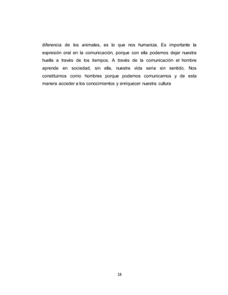 18
diferencia de los animales, es lo que nos humaniza. Es importante la
expresión oral en la comunicación, porque con ella podemos dejar nuestra
huella a través de los tiempos. A través de la comunicación el hombre
aprende en sociedad, sin ella, nuestra vida seria sin sentido. Nos
constituimos como hombres porque podemos comunicarnos y de esta
manera acceder a los conocimientos y enriquecer nuestra cultura
 