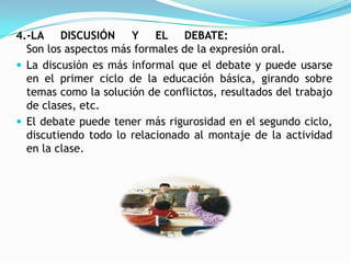 4.-LA DISCUSIÓN Y EL DEBATE:
  Son los aspectos más formales de la expresión oral.
 La discusión es más informal que el debate y puede usarse
  en el primer ciclo de la educación básica, girando sobre
  temas como la solución de conflictos, resultados del trabajo
  de clases, etc.
 El debate puede tener más rigurosidad en el segundo ciclo,
  discutiendo todo lo relacionado al montaje de la actividad
  en la clase.
 