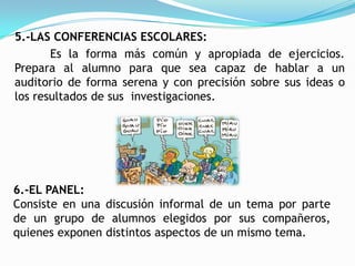 5.-LAS CONFERENCIAS ESCOLARES:
       Es la forma más común y apropiada de ejercicios.
Prepara al alumno para que sea capaz de hablar a un
auditorio de forma serena y con precisión sobre sus ideas o
los resultados de sus investigaciones.




6.-EL PANEL:
Consiste en una discusión informal de un tema por parte
de un grupo de alumnos elegidos por sus compañeros,
quienes exponen distintos aspectos de un mismo tema.
 