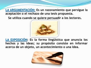 LA ARGUMENTACIÓN: Es un razonamiento que persigue la
aceptación o el rechazo de una tesis propuesta.
  Se utiliza cuando se quiere persuadir a los lectores.




LA EXPOSICIÓN: Es la forma lingüística que anuncia los
hechos y las ideas; su propósito consiste en informar
acerca de un objeto, un acontecimiento o una idea.
 