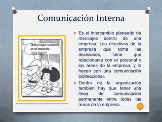 Comunicación Interna
                                                                                   O Es el intercambio planeado de
                                                                                     mensajes dentro de una
                                                                                     empresa. Los directivos de la
                                                                                     empresa      que    toma   las
                                                                                     decisiones,      tiene    que
                                                                                     relacionarse con el personal y
                                                                                     las áreas de la empresa, y lo
                                                                                     hacen con una comunicación
                                                                                     bidireccional.
                                                                                   O Dentro de la organización
                                                                                     también hay que tener una
                                                                                     línea     de      comunicación
                                                                                     permanente entre todas las
http://comunicandohacesempresa.blogspot.com/2010/05/la-comunicacion-interna.html
                                                                                     áreas de la empresa.
 