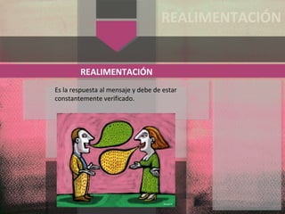 Es la respuesta al mensaje y debe de estar
constantemente verificado.
REALIMENTACIÓN
REALIMENTACIÓN
 