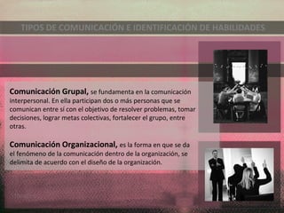 Comunicación Grupal, se fundamenta en la comunicación
interpersonal. En ella participan dos o más personas que se
comunican entre sí con el objetivo de resolver problemas, tomar
decisiones, lograr metas colectivas, fortalecer el grupo, entre
otras.
Comunicación Organizacional, es la forma en que se da
el fenómeno de la comunicación dentro de la organización, se
delimita de acuerdo con el diseño de la organización.
Imagen
TIPOS DE COMUNICACIÓN E IDENTIFICACIÓN DE HABILIDADES
 