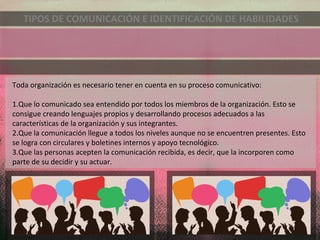 Toda organización es necesario tener en cuenta en su proceso comunicativo:
1.Que lo comunicado sea entendido por todos los miembros de la organización. Esto se
consigue creando lenguajes propios y desarrollando procesos adecuados a las
características de la organización y sus integrantes.
2.Que la comunicación llegue a todos los niveles aunque no se encuentren presentes. Esto
se logra con circulares y boletines internos y apoyo tecnológico.
3.Que las personas acepten la comunicación recibida, es decir, que la incorporen como
parte de su decidir y su actuar.
TIPOS DE COMUNICACIÓN E IDENTIFICACIÓN DE HABILIDADES
 